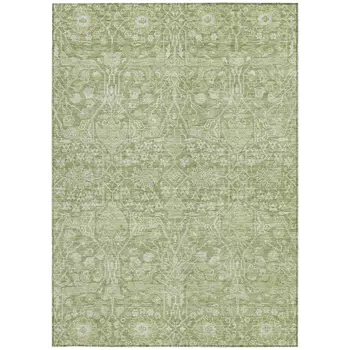 9' X 12' Artichoke Green And Ivory Floral Washable Indoor Outdoor Area Rug