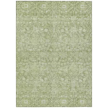 9' X 12' Artichoke Green And Ivory Floral Washable Indoor Outdoor Area Rug