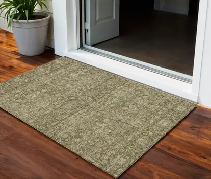 3' X 5' Brown And Beige Floral Washable Indoor Outdoor Area Rug