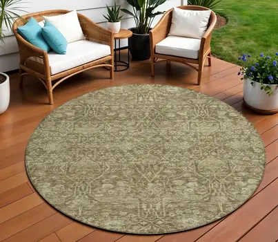 8' Brown And Beige Round Floral Washable Indoor Outdoor Area Rug