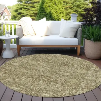8' Brown And Beige Round Floral Washable Indoor Outdoor Area Rug