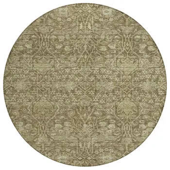 8' Brown And Beige Round Floral Washable Indoor Outdoor Area Rug