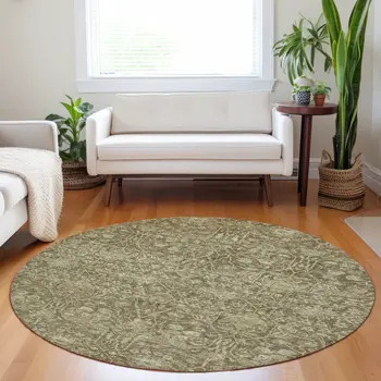 8' Brown And Beige Round Floral Washable Indoor Outdoor Area Rug