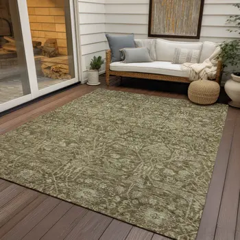 9' X 12' Brown And Beige Floral Washable Indoor Outdoor Area Rug