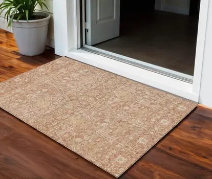3' X 5' Coral And Ivory Floral Washable Indoor Outdoor Area Rug