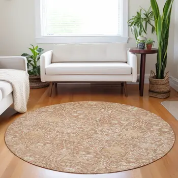 8' Coral And Ivory Round Floral Washable Indoor Outdoor Area Rug