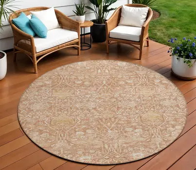 8' Coral And Ivory Round Floral Washable Indoor Outdoor Area Rug