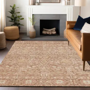 8' X 10' Coral And Ivory Floral Washable Indoor Outdoor Area Rug