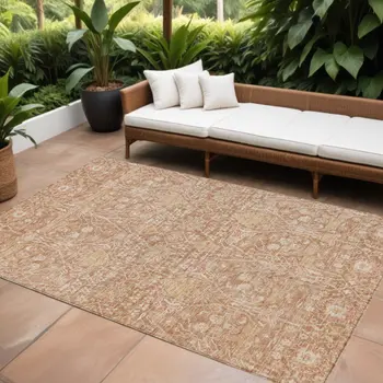 9' X 12' Coral And Ivory Floral Washable Indoor Outdoor Area Rug
