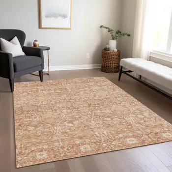 9' X 12' Coral And Ivory Floral Washable Indoor Outdoor Area Rug