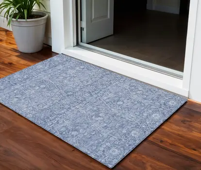 3' X 5' Denim Blue And Ivory Floral Washable Indoor Outdoor Area Rug