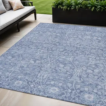 5' X 8' Denim Blue And Ivory Floral Washable Indoor Outdoor Area Rug