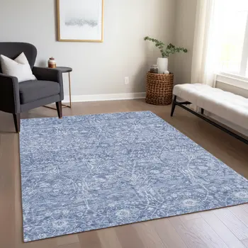 5' X 8' Denim Blue And Ivory Floral Washable Indoor Outdoor Area Rug