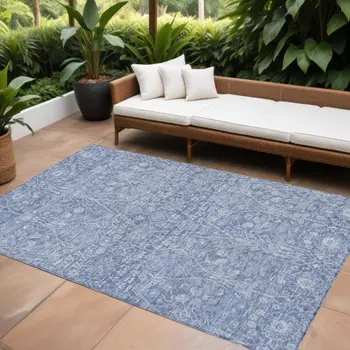 9' X 12' Denim Blue And Ivory Floral Washable Indoor Outdoor Area Rug