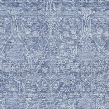 9' X 12' Denim Blue And Ivory Floral Washable Indoor Outdoor Area Rug