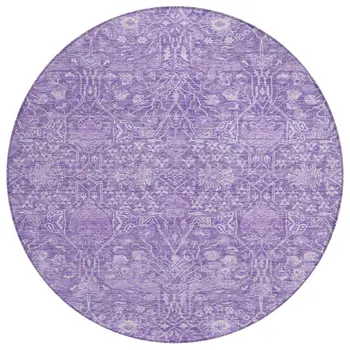 8' Plum And Lavender Round Floral Washable Indoor Outdoor Area Rug