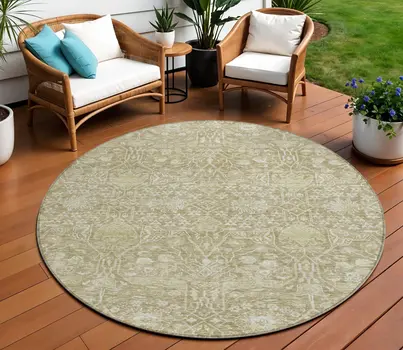 8' Taupe And Beige Round Floral Washable Indoor Outdoor Area Rug