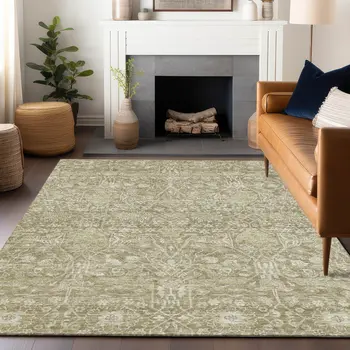 10' X 14' Taupe And Beige Floral Washable Indoor Outdoor Area Rug