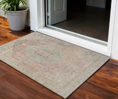 3' X 5' Pink And Sky Blue Oriental Washable Indoor Outdoor Area Rug