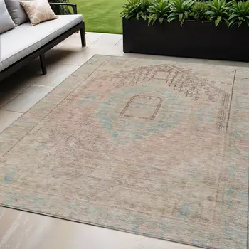 5' X 8' Pink And Sky Blue Oriental Washable Indoor Outdoor Area Rug
