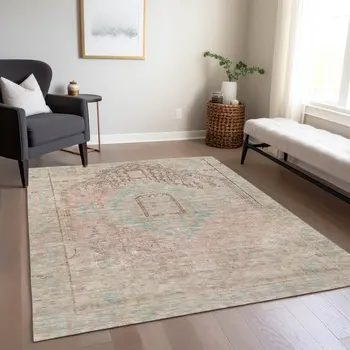 5' X 8' Pink And Sky Blue Oriental Washable Indoor Outdoor Area Rug
