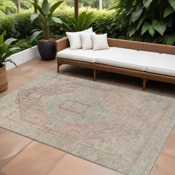 8' X 10' Pink And Sky Blue Oriental Washable Indoor Outdoor Area Rug