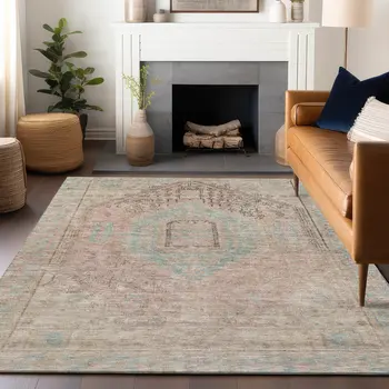 9' X 12' Pink And Sky Blue Oriental Washable Indoor Outdoor Area Rug