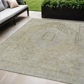 5' X 8' Taupe Light Blue And Gray Oriental Washable Indoor Outdoor Area Rug