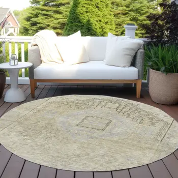 8' Taupe Light Blue And Gray Round Oriental Washable Indoor Outdoor Area Rug