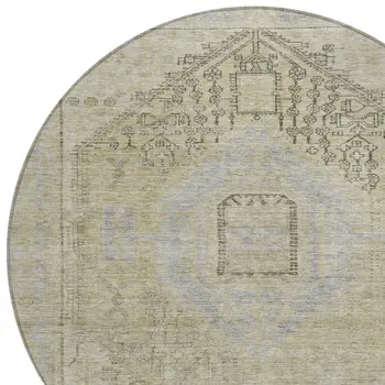 8' Taupe Light Blue And Gray Round Oriental Washable Indoor Outdoor Area Rug