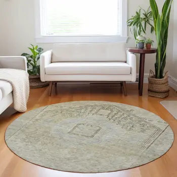 8' Taupe Light Blue And Gray Round Oriental Washable Indoor Outdoor Area Rug