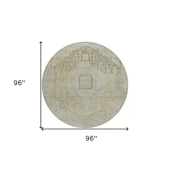 8' Taupe Light Blue And Gray Round Oriental Washable Indoor Outdoor Area Rug