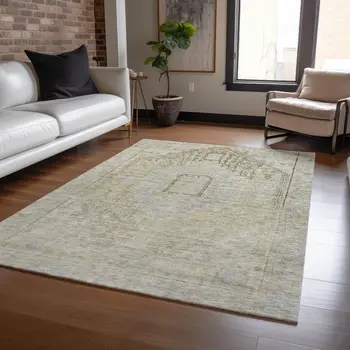 9' X 12' Taupe Light Blue And Gray Oriental Washable Indoor Outdoor Area Rug