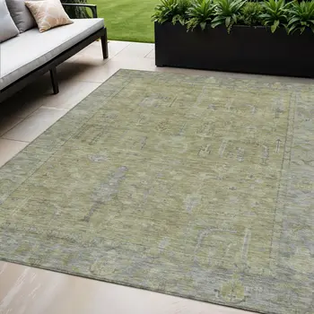 5' X 8' Artichoke Green And Gray Oriental Washable Indoor Outdoor Area Rug