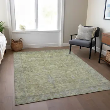 5' X 8' Artichoke Green And Gray Oriental Washable Indoor Outdoor Area Rug