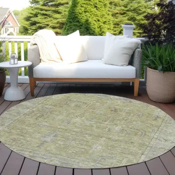 8' Artichoke Green And Gray Round Oriental Washable Indoor Outdoor Area Rug