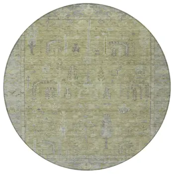 8' Artichoke Green And Gray Round Oriental Washable Indoor Outdoor Area Rug