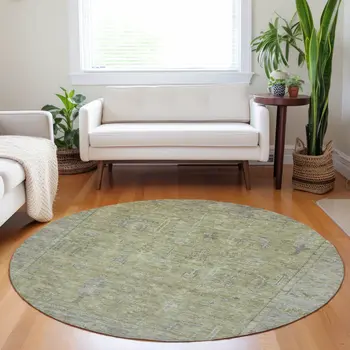 8' Artichoke Green And Gray Round Oriental Washable Indoor Outdoor Area Rug