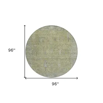 8' Artichoke Green And Gray Round Oriental Washable Indoor Outdoor Area Rug