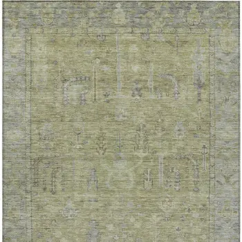 9' X 12' Artichoke Green And Gray Oriental Washable Indoor Outdoor Area Rug