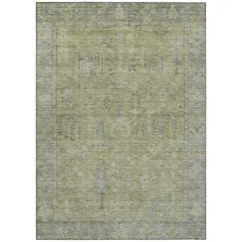 9' X 12' Artichoke Green And Gray Oriental Washable Indoor Outdoor Area Rug