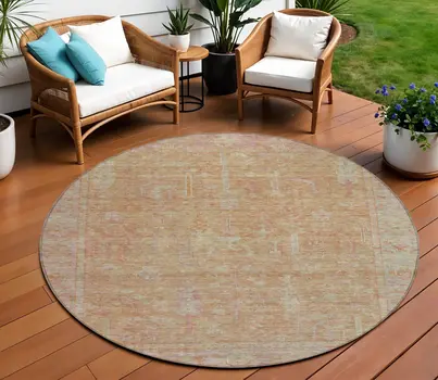 8' Coral And Beige Round Oriental Washable Indoor Outdoor Area Rug