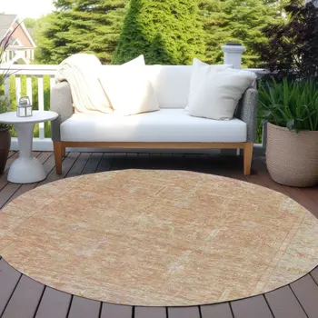 8' Coral And Beige Round Oriental Washable Indoor Outdoor Area Rug