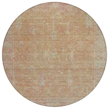8' Coral And Beige Round Oriental Washable Indoor Outdoor Area Rug