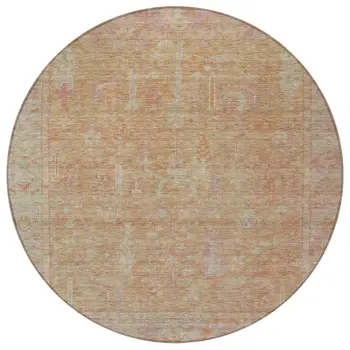 8' Coral And Beige Round Oriental Washable Indoor Outdoor Area Rug