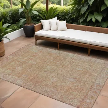 9' X 12' Coral And Beige Oriental Washable Indoor Outdoor Area Rug