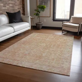 9' X 12' Coral And Beige Oriental Washable Indoor Outdoor Area Rug