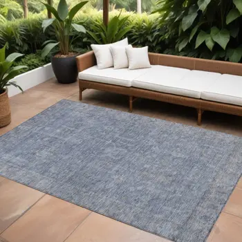 10' X 14' Denim Blue And Gray Oriental Washable Indoor Outdoor Area Rug