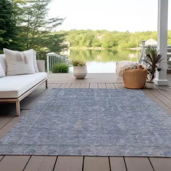 10' X 14' Denim Blue And Gray Oriental Washable Indoor Outdoor Area Rug