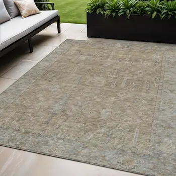5' X 8' Tan Gray And Brown Oriental Washable Indoor Outdoor Area Rug